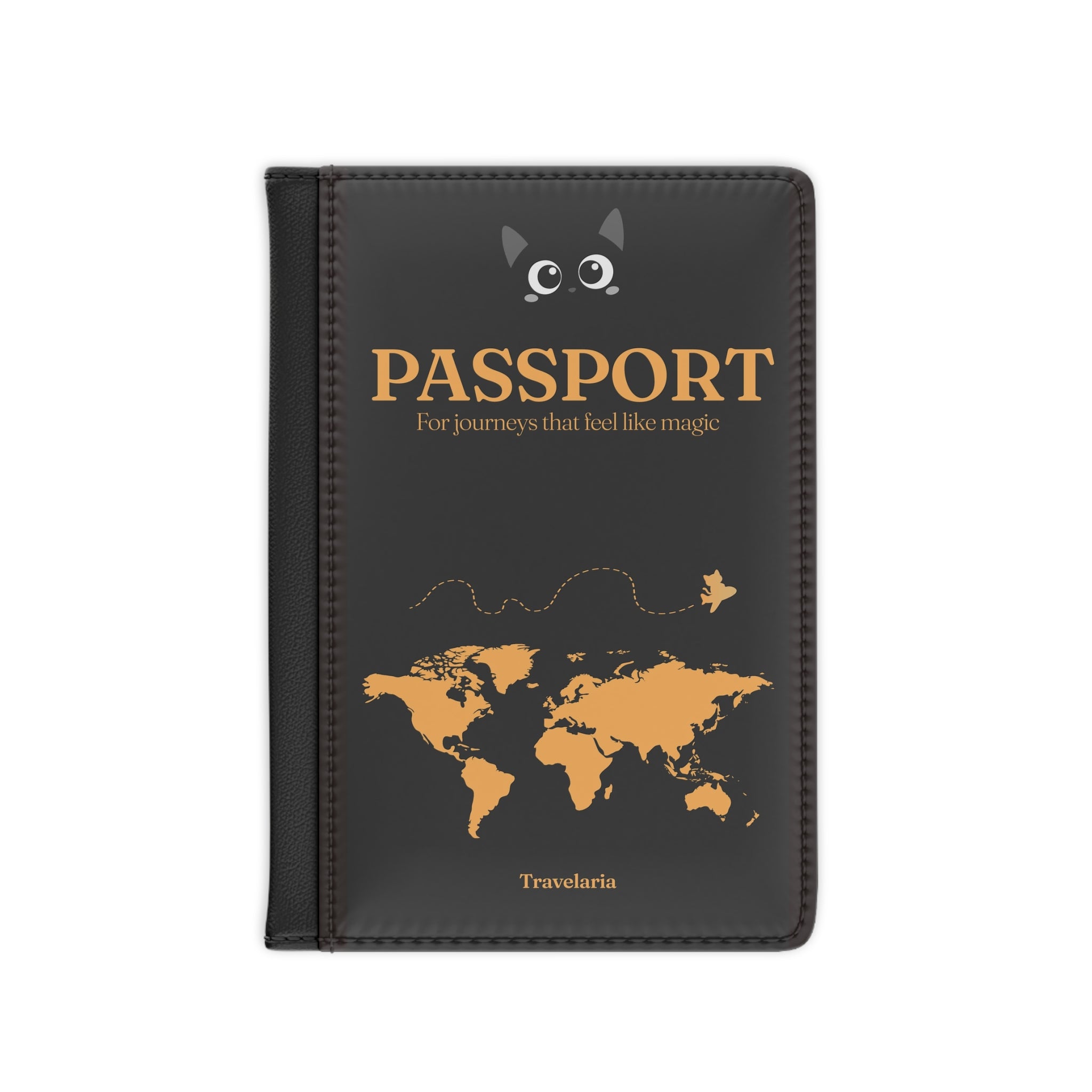 Black Cat Passport Cover – 'Passport: For journeys that feel like magic' Travel Sleeve with World Map