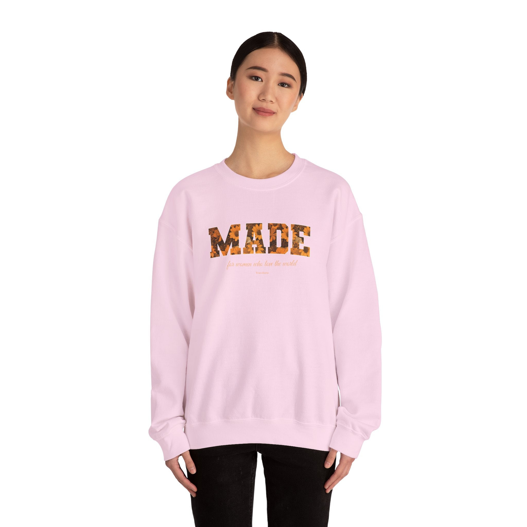 Made Floral Crewneck Sweatshirt — "Made" with Autumn Blossom Graphic