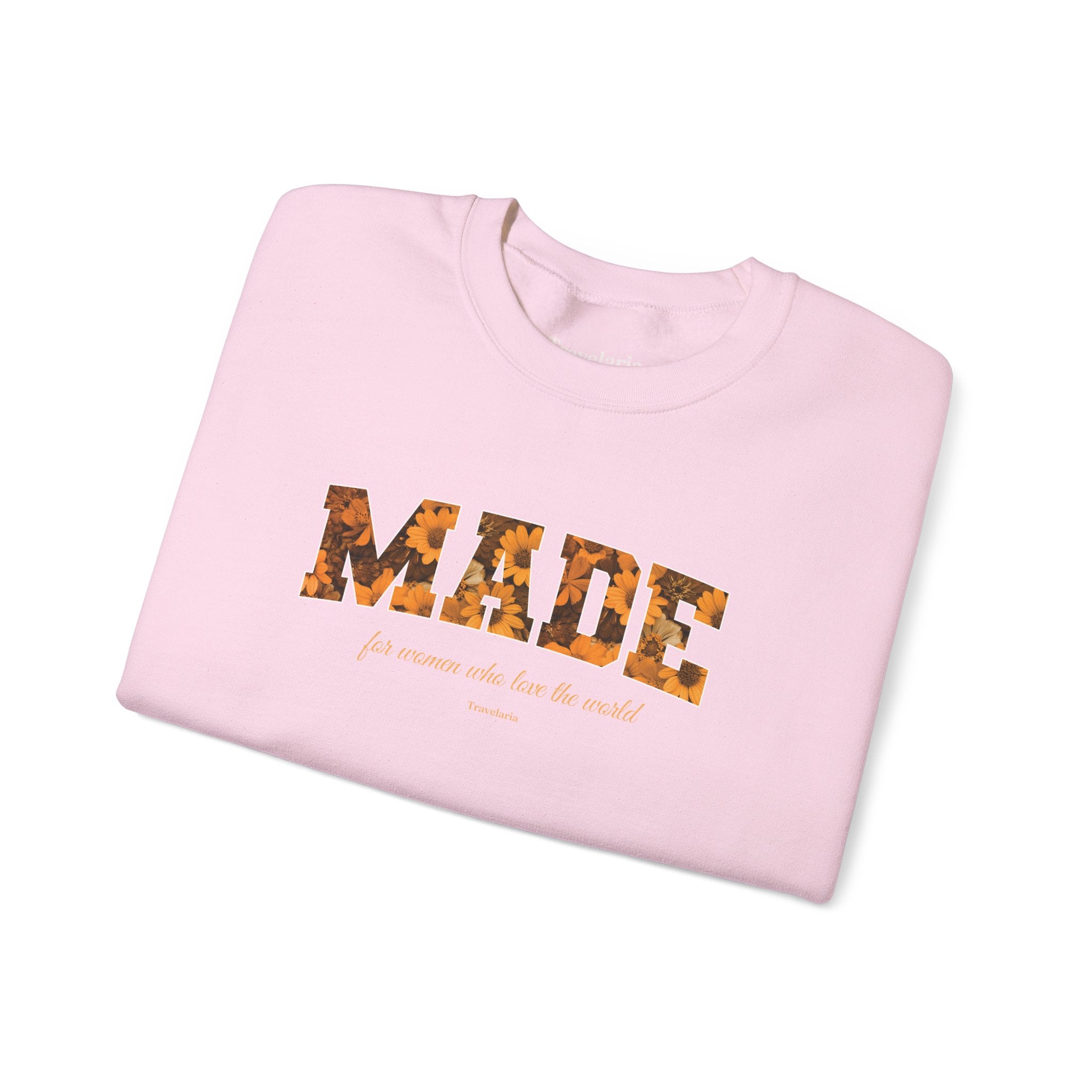 Made Floral Crewneck Sweatshirt — "Made" with Autumn Blossom Graphic