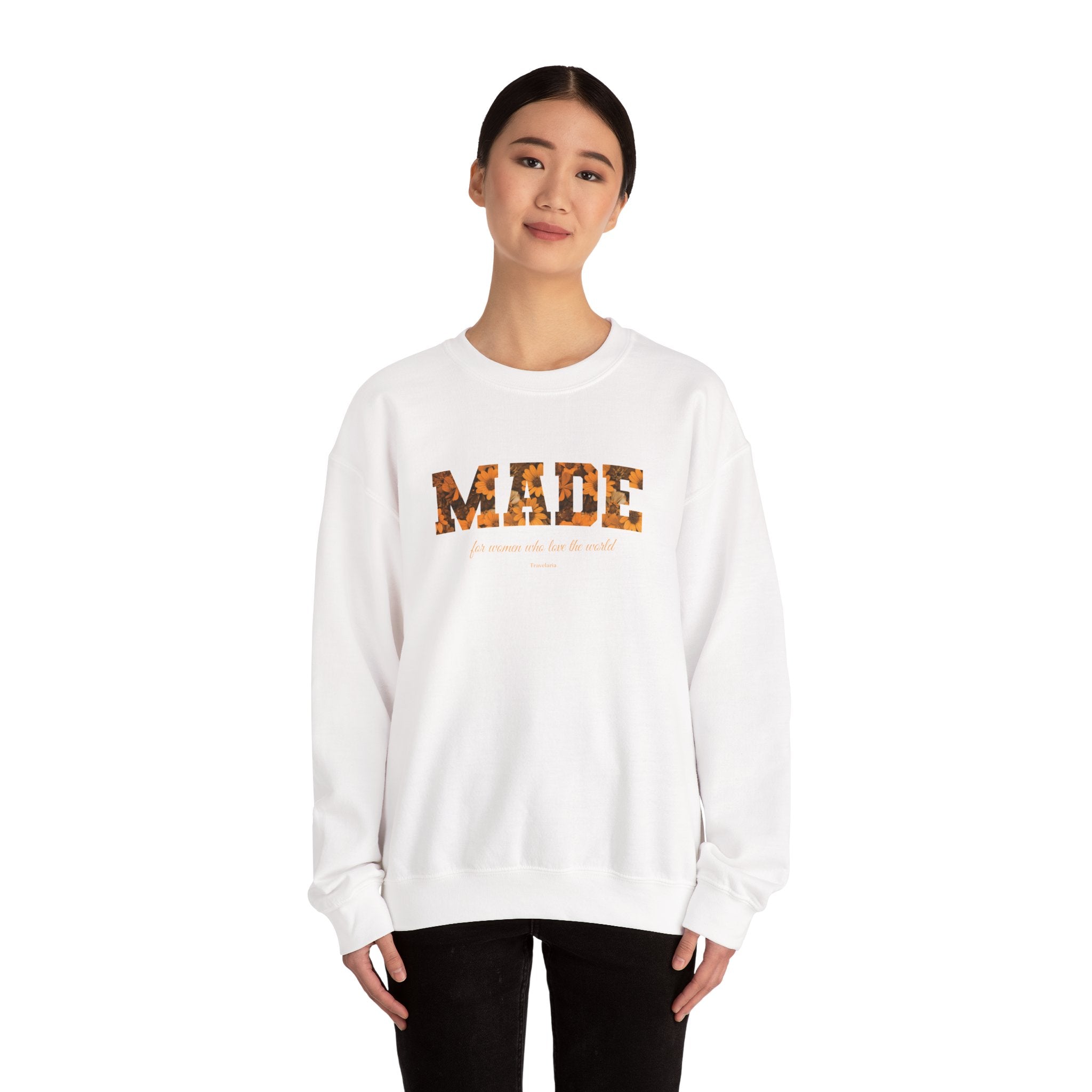 Made Floral Crewneck Sweatshirt — "Made" with Autumn Blossom Graphic