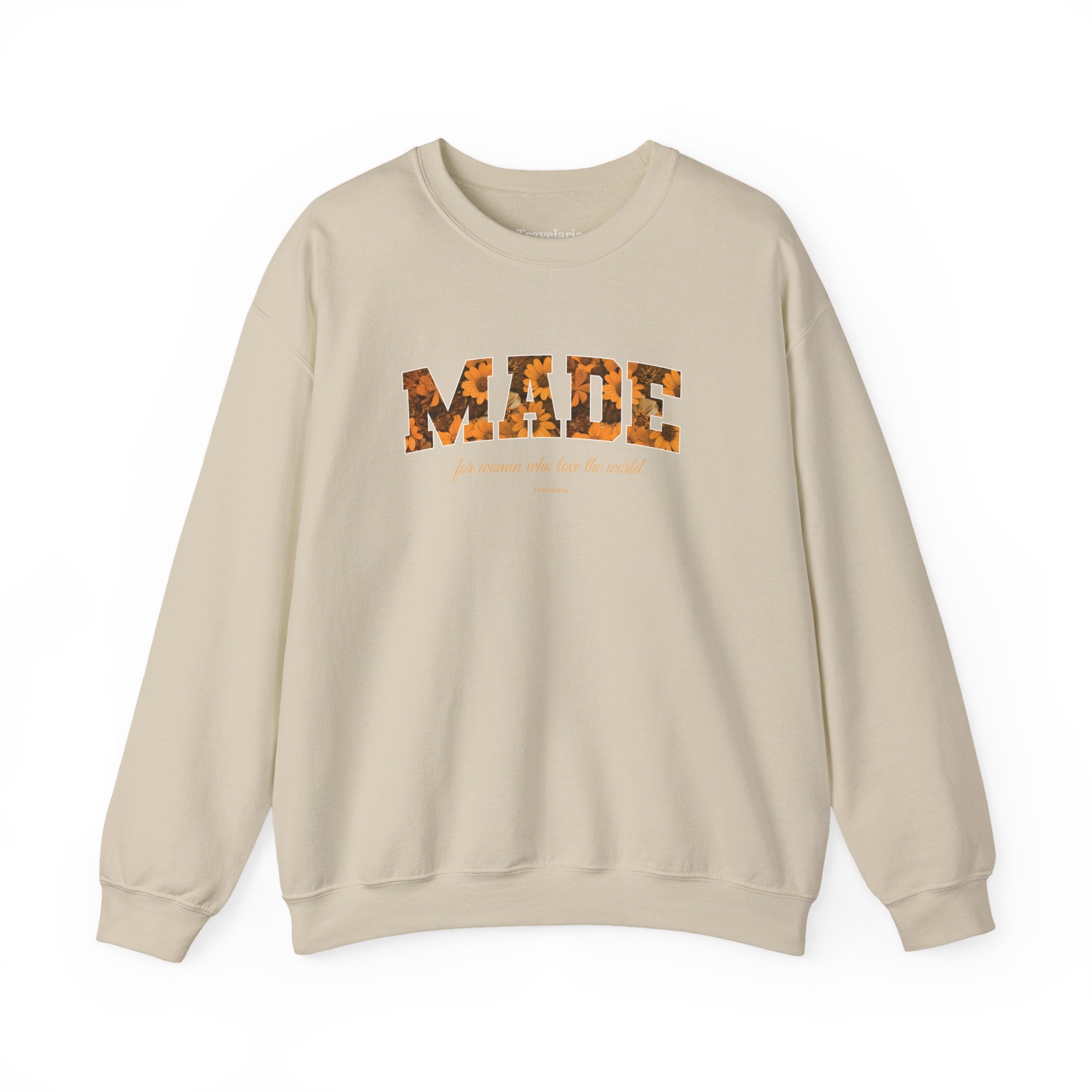Made Floral Crewneck Sweatshirt — "Made" with Autumn Blossom Graphic