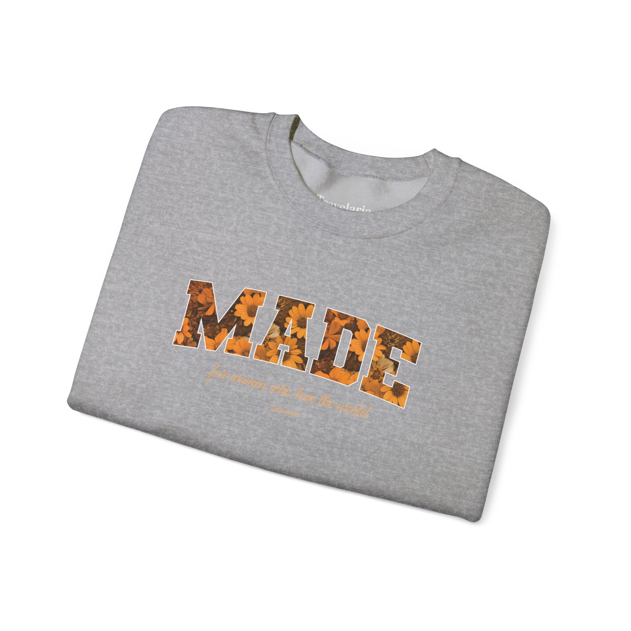 Made Floral Crewneck Sweatshirt — "Made" with Autumn Blossom Graphic
