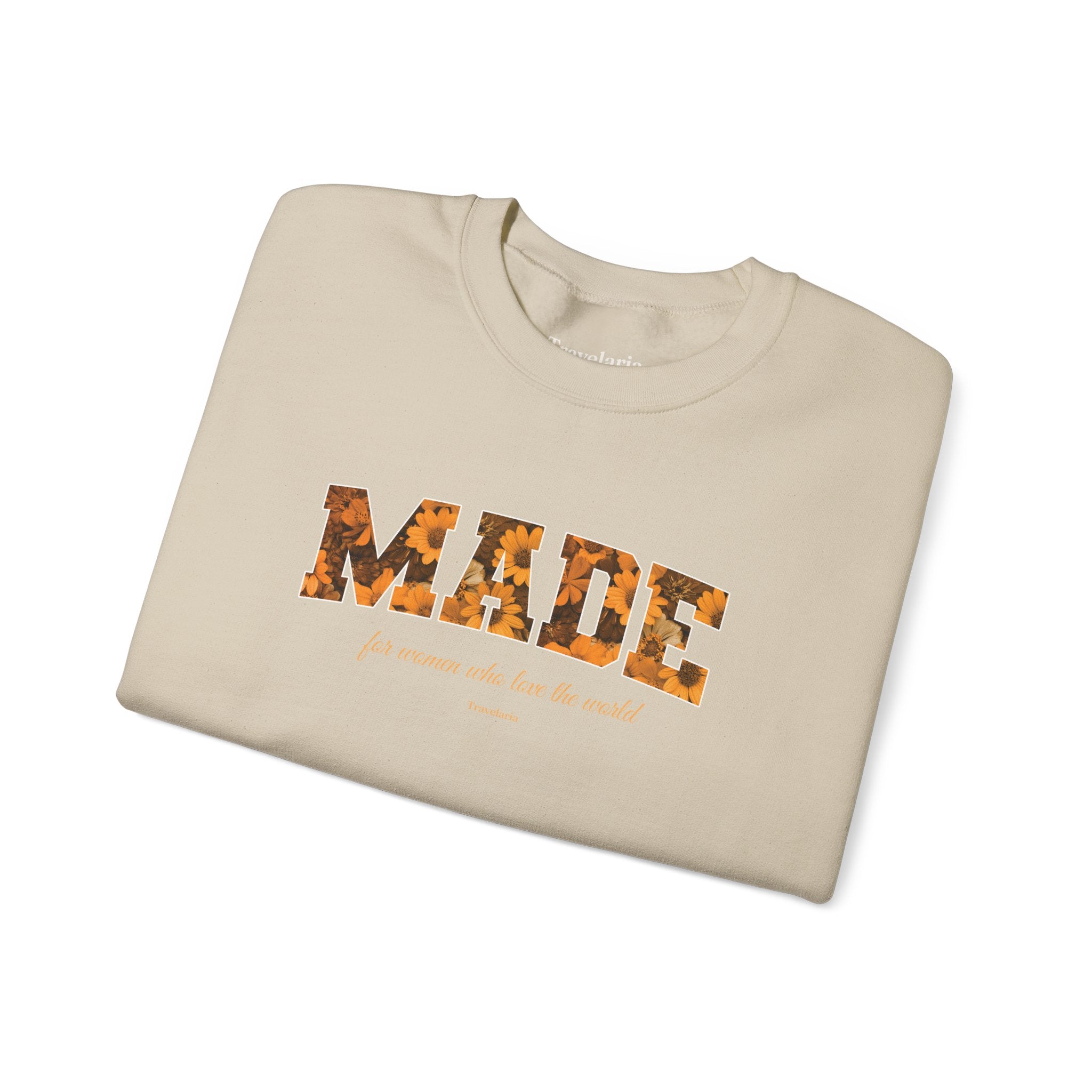 Made Floral Crewneck Sweatshirt — "Made" with Autumn Blossom Graphic