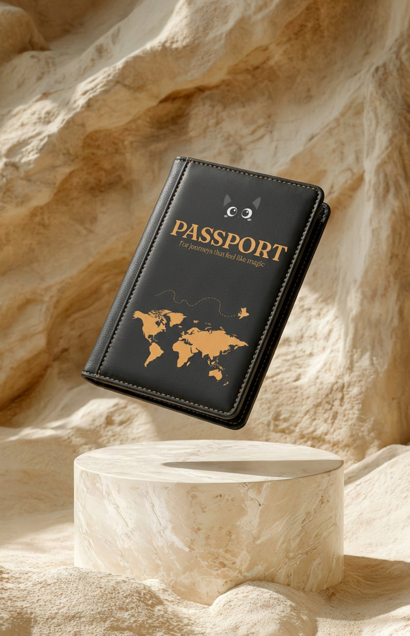 Black Cat Passport Cover – 'Passport: For journeys that feel like magic' Travel Sleeve with World Map