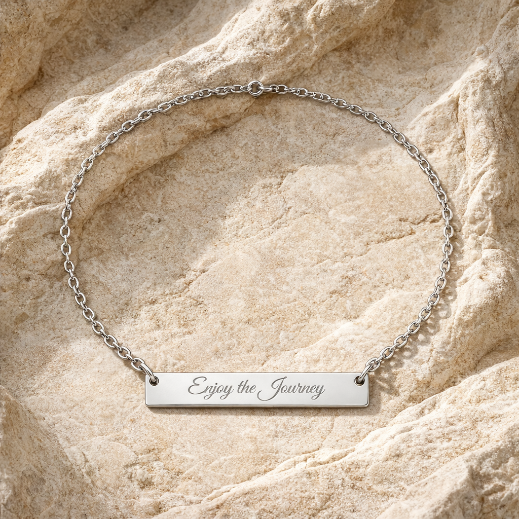 Engraved Horizontal Bar Necklace — Personalized 'Enjoy the Journey' Pendant