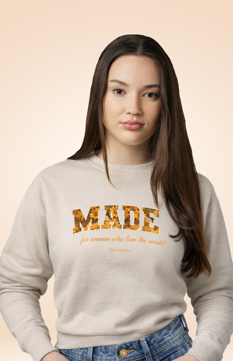 Made Floral Crewneck Sweatshirt — "Made" with Autumn Blossom Graphic
