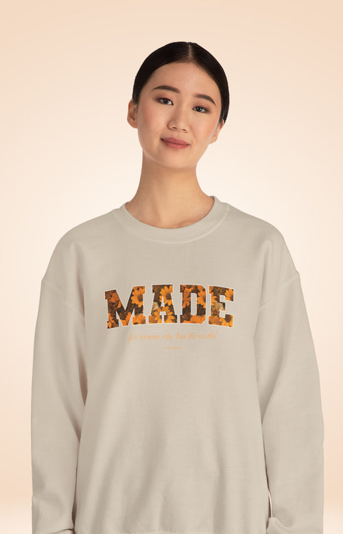 Made Floral Crewneck Sweatshirt — "Made" with Autumn Blossom Graphic